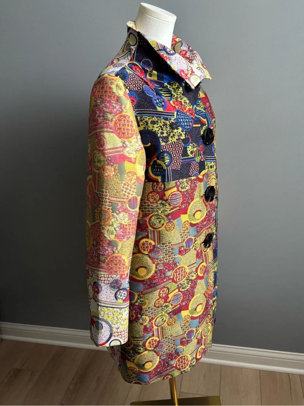 An Ren Vintage Multi Color Geometric Floral Print Wearable Art Mid Length Coat